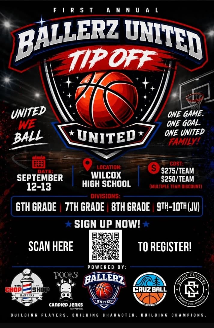First annual Ballerz United Tip Off tournament flyer. September 12–13 at Wilcox High School. Divisions for 6th through 10th grade.